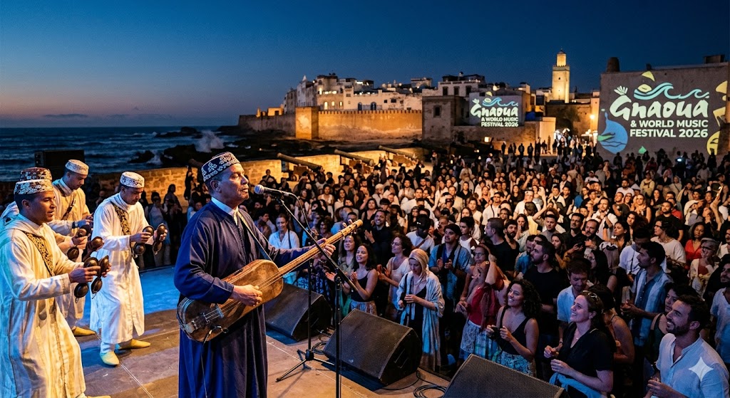 A Gnaoua Maâlem playing a decorated wood guembri on the main Place Moulay Hassan stage at twilight during the 2026 festival.