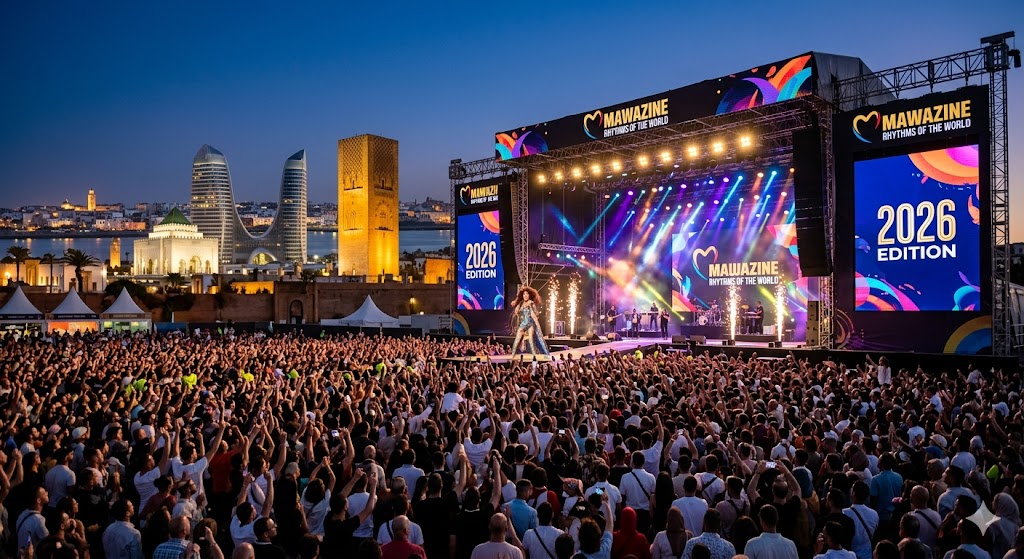Panoramic view of the massive outdoor international stage OLM Souissi at night during Mawazine Festival with crowds under colorful neon lights.