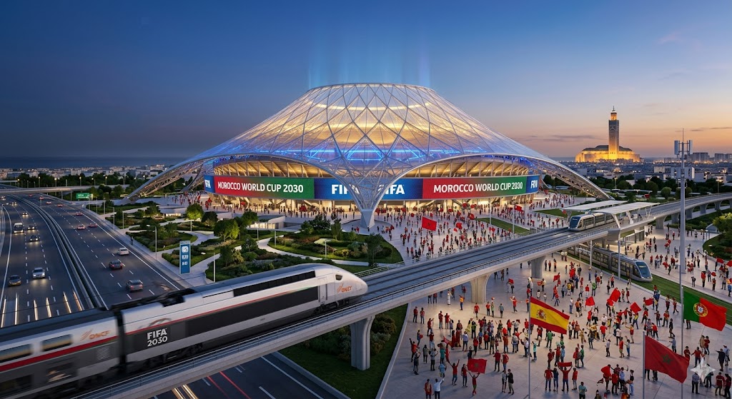Architectural render of the stunning Grand Stade Hassan II in Benslimane featuring its translucent tented canopy roof at dusk